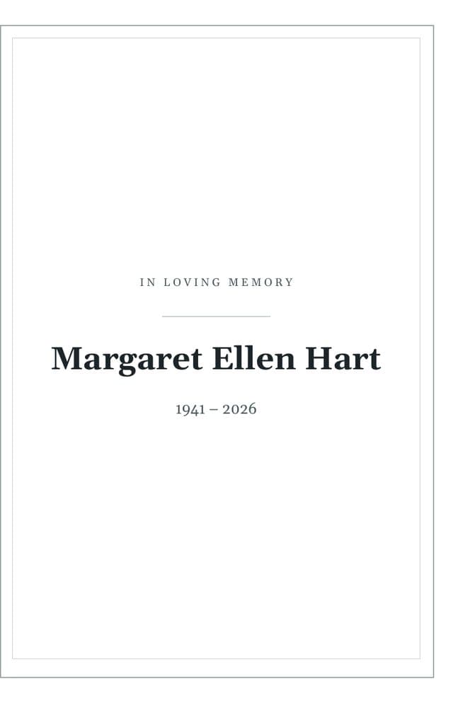 Classic Serif funeral program template, front cover with the sample name Margaret Ellen Hart