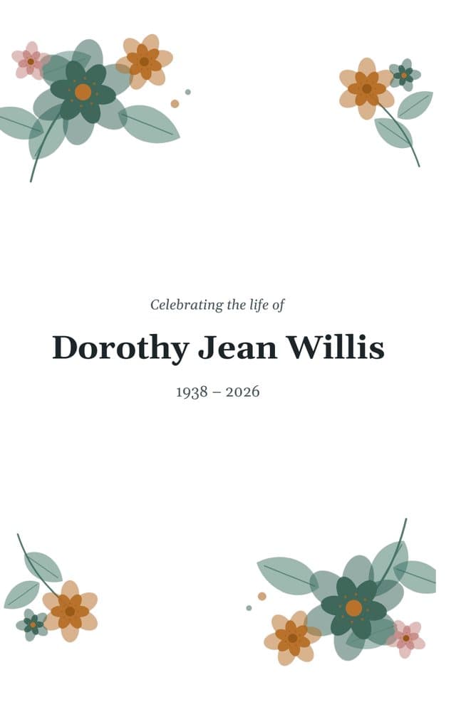 Garden Floral funeral program template, front cover with the sample name Dorothy Jean Willis