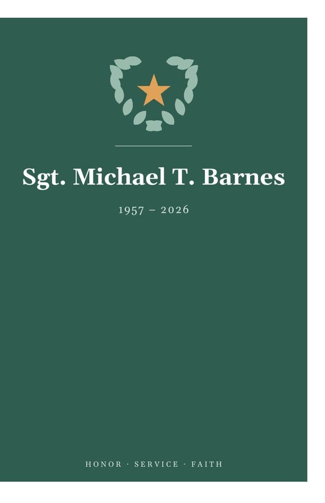 Service & Honor funeral program template, front cover with the sample name Sgt. Michael T. Barnes