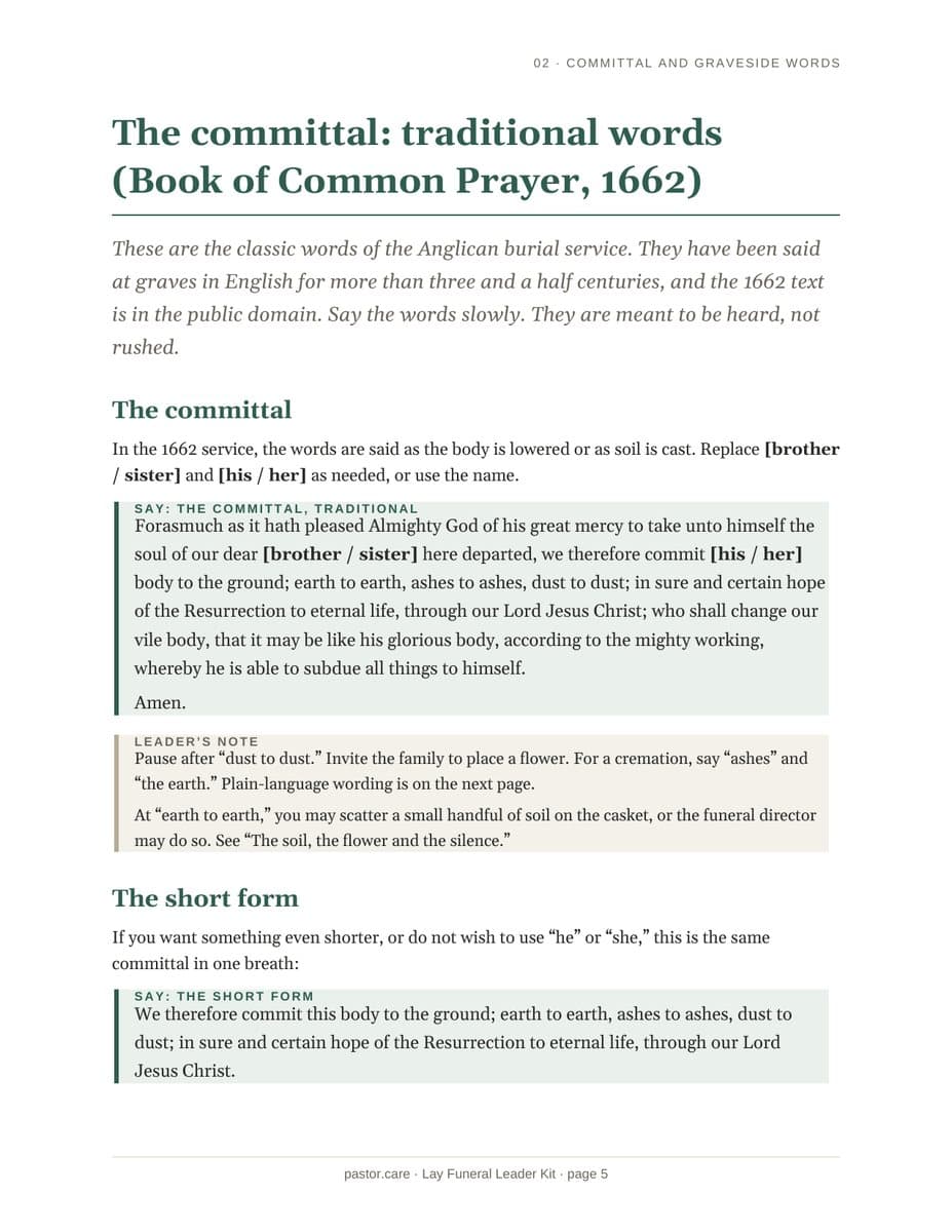 Lay Funeral Leader Kit page: the traditional committal words from the Book of Common Prayer 1662, with a leader's note about pausing after dust to dust