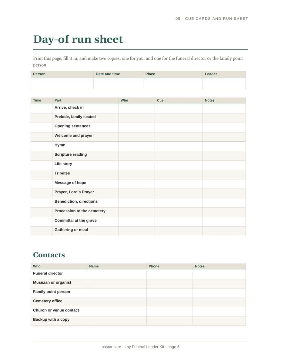 Lay Funeral Leader Kit page: the day-of run sheet, a blank table with times, parts, who and cues, plus a contacts table for the funeral director and musician