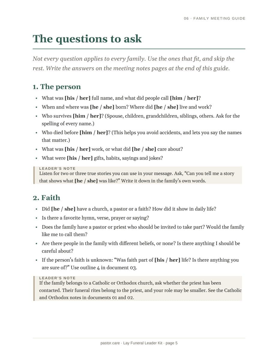 Lay Funeral Leader Kit page: the family meeting guide, listing questions to ask about the person, their faith and what the family wants, with a leader's note