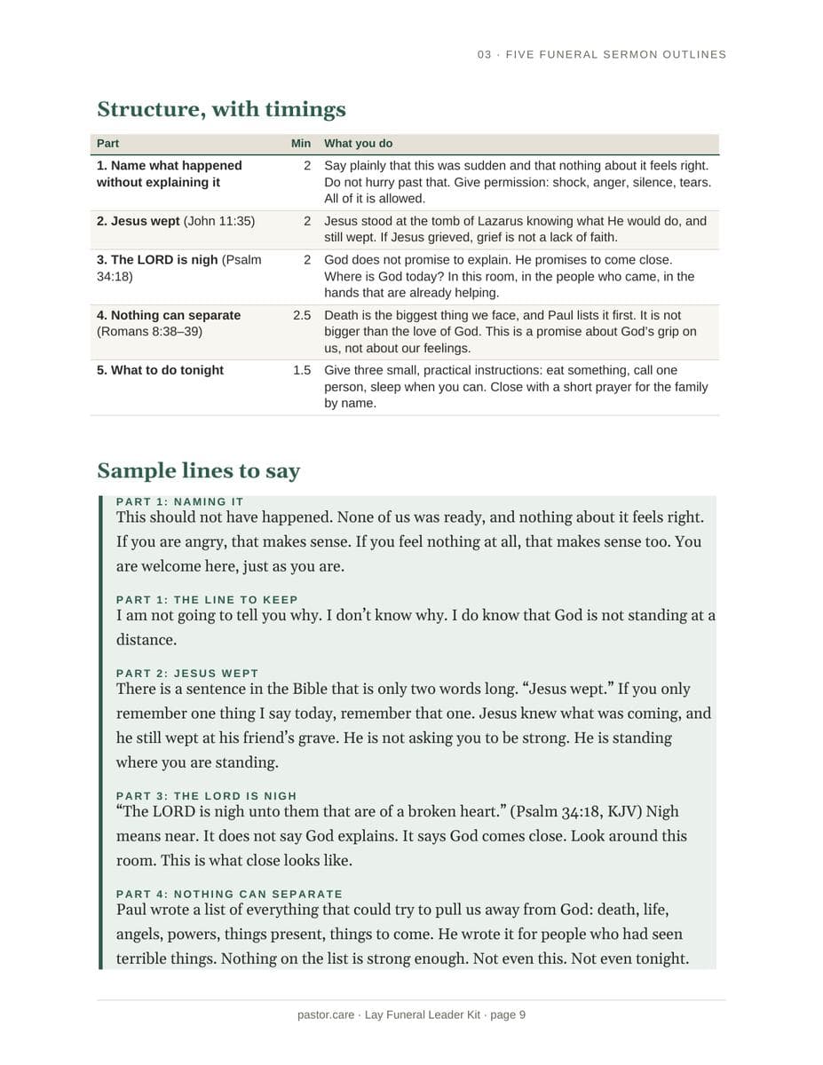 Lay Funeral Leader Kit page: funeral sermon outline 2 of 5, God near the brokenhearted: a structure table with timings for each part, and sample lines to say aloud