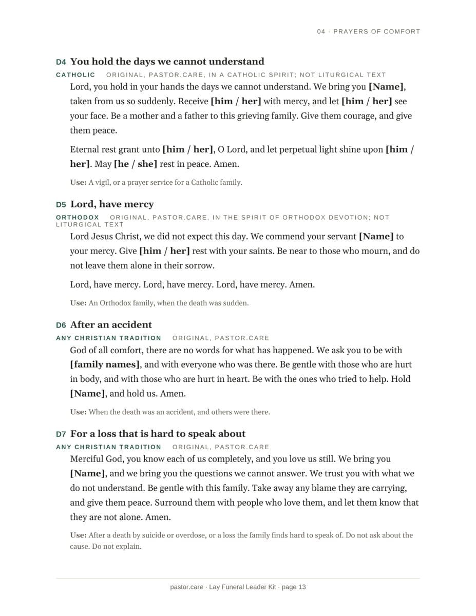 Lay Funeral Leader Kit page: prayers of comfort for a sudden loss, each labeled by tradition (Catholic, Orthodox, any Christian tradition) with a note on when to use it