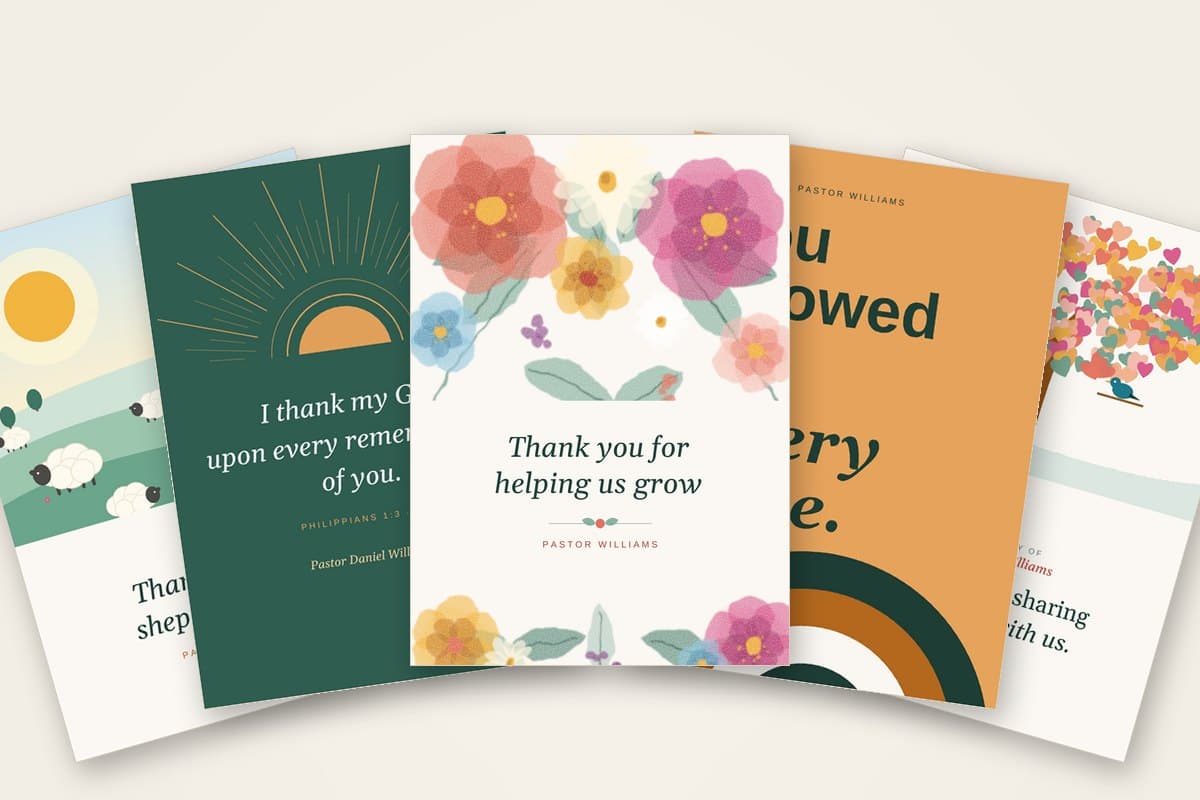 Eight printable pastor appreciation cards fanned out on a table: classic thank you, garden floral, scripture, shepherd, kids to color, modern bold, anniversary and pastor's family designs